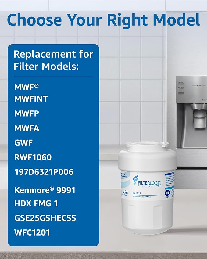 Filterlogic FL-RF13 Replacement for GE® MWF®, SmartWater® MWFP, MWFA, GWF, HDX FMG-1, GSE25GSHECSS, RWF1060, Kenmore® 9991 Refrigerator Water Filter, 3 Filters