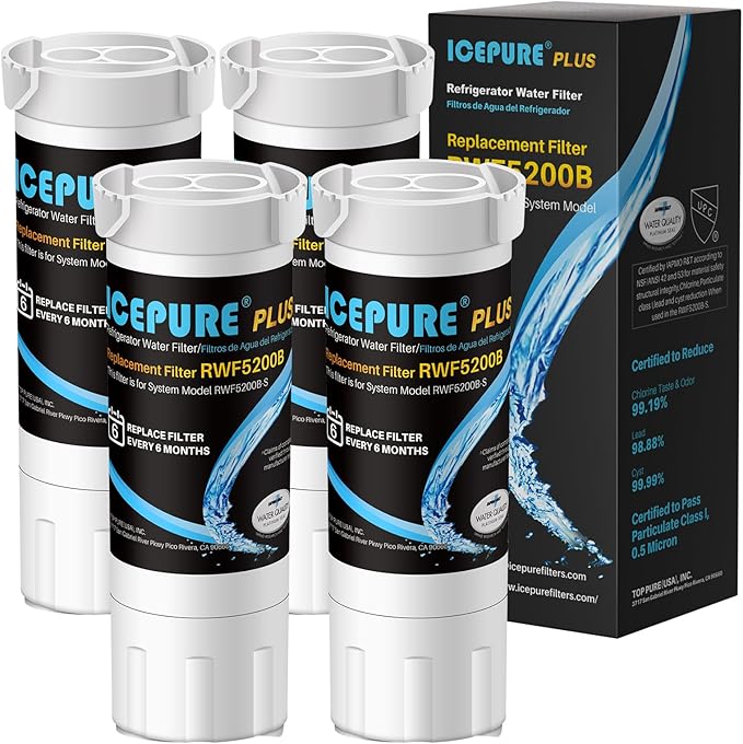 ICEPURE PLUS RWF5200B NSF/ANSI 53 Certified Refrigerator Water Filter Replacement for GE XWF (𝐍𝐎𝐓 𝐗𝐖𝐅𝐄), WR17X30702, GBE21 GDE21 GDE25 GFE24 GFE26 GNE21 GNE25 GNE27 GYE18, 4PACK