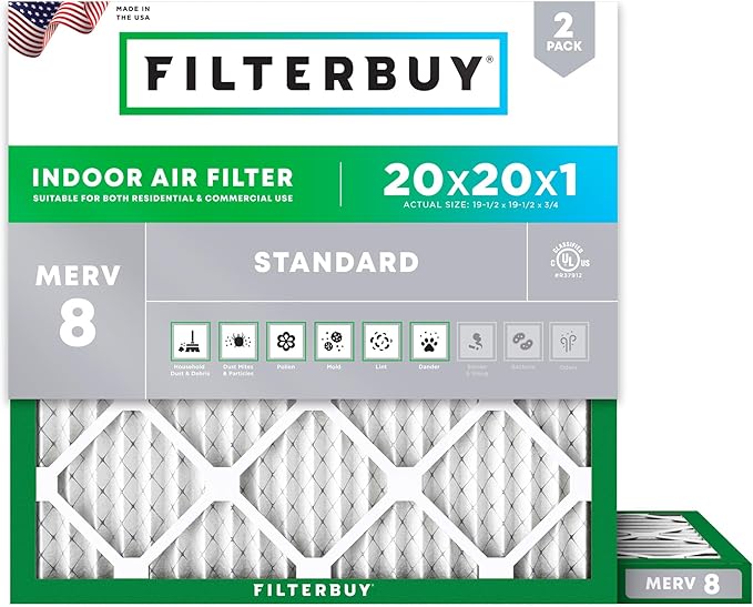 Filterbuy 20x20x1 Air Filter MERV 8 Essential Dust & Allergy Defense (2-Pack), Electrostatic Pleated HVAC AC Furnace Filters Replacement (Actual Size: 19.50 x 19.50 x 0.75)