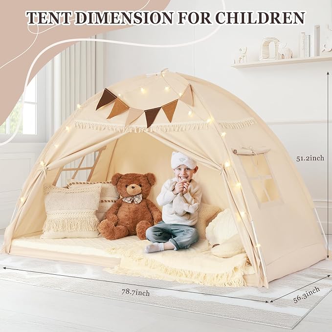 Full Size Bed Tent Canopy, Kids Play Tent with Flags & Star Lights, Canopy on Bed Privacy Space Sleeping Blackout Tents, Indoor Breathable Portable & Foldable, XL-Large Cream Tassels Style
