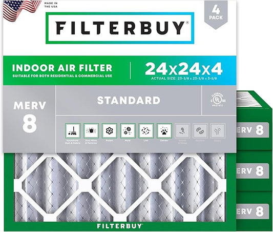 Filterbuy 24x24x4 Air Filter MERV 8 Essential Dust & Allergy Defense (4-Pack), Electrostatic Pleated HVAC AC Furnace Filters Replacement (Actual Size: 23.38 x 23.38 x 3.63)