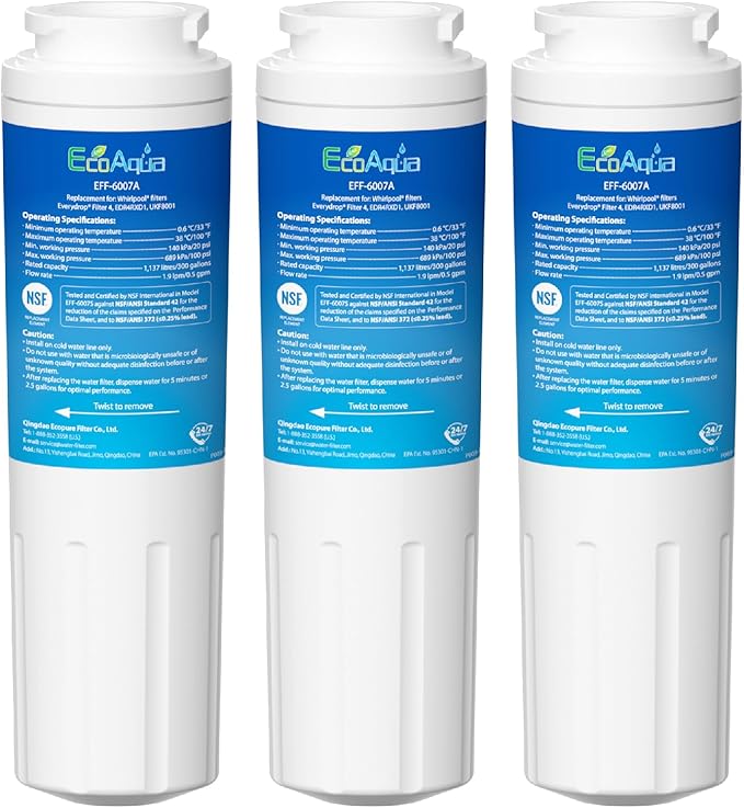 EcoAqua Replacement Filter, Compatible with Maytag UKF8001, EDR4RXD1, Whirlpool 4396395, Puriclean II, Kenmore 46-9006, Everydrop Filter 4, Viking RWFFR Refrigerator Water Filter, 3 Pack