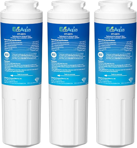 EcoAqua Replacement Filter, Compatible with Maytag UKF8001, EDR4RXD1, Whirlpool 4396395, Puriclean II, Kenmore 46-9006, Everydrop Filter 4, Viking RWFFR Refrigerator Water Filter, 3 Pack