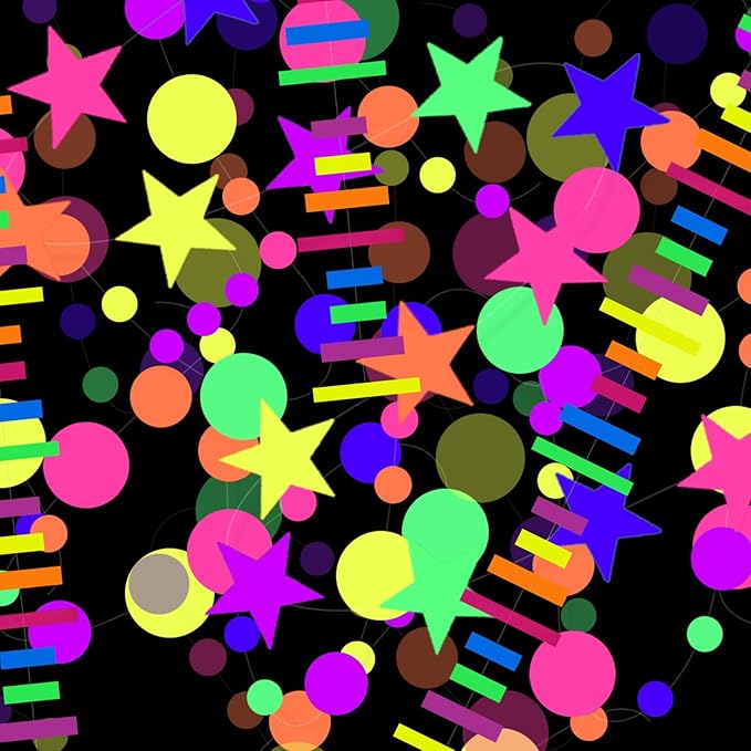 96ft UV Neon Paper Garland Round dot Star Rectangle kit Neon Decor Banners for Glow Party Supplies, UV Reactive Glow in The Dark Streamers for Birthday neon Party Decorations Black Party Supplies…