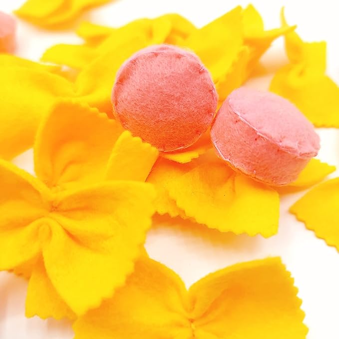 Felt play food Pasta farfalle with sausage for pretend play in kids kitchen, plush fake realistic bow tie (yellow farfalle, Small set (16 farfalle, 4 sausages))