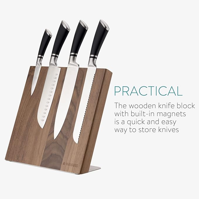 Navaris Wooden Magnetic Knife Holder - Universal Wood Magnetic Knife Block - Organizer for Knives Scissors Kitchen Cutlery - Walnut 10.9" x 10.8"