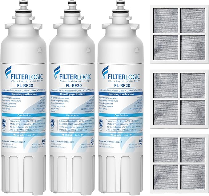 Filterlogic ADQ73613401 Refrigerator Water Filter and Air Filter, Replacement for LG® LT800P®, ADQ736134, ADQ73613402, LSXS26326S, LSXS26366S, LMXS30776S, Kenmore 46-9490 and LT120F®, 3 Combo
