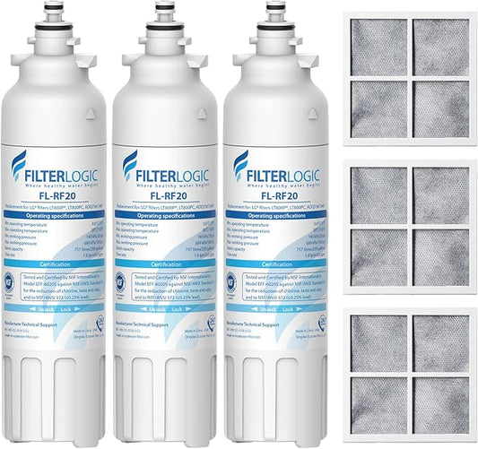 Filterlogic ADQ73613401 Refrigerator Water Filter and Air Filter, Replacement for LG® LT800P®, ADQ736134, ADQ73613402, LSXS26326S, LSXS26366S, LMXS30776S, Kenmore 46-9490 and LT120F®, 3 Combo
