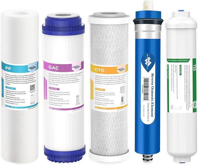 Membrane Solutions Reverse Osmosis Filter Replacement, 75 GPD Complete Replacement Filter Set For 10-inch Under Sink 5-Stage Reverse Osmosis Replacement Water Filter System