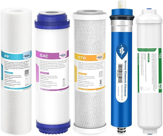 Membrane Solutions Reverse Osmosis Filter Replacement, 75 GPD Complete Replacement Filter Set For 10-inch Under Sink 5-Stage Reverse Osmosis Replacement Water Filter System
