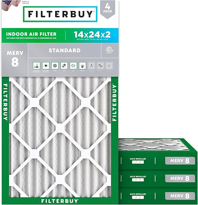 Filterbuy 14x24x2 Air Filter MERV 8 Essential Dust & Allergy Defense (4-Pack), Electrostatic Pleated HVAC AC Furnace Filters Replacement (Actual Size: 13.50 x 23.50 x 1.75)