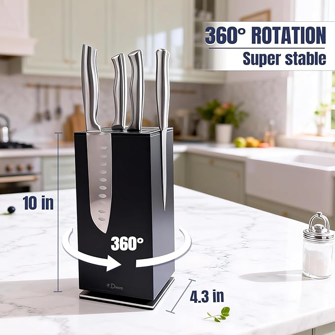 Dmore magnetic knife block without knives, 360° rotatable black magnet knife holder stand made of stainless steel, Extra Large capacity knife storage for knives and utensils for kitchen counter top