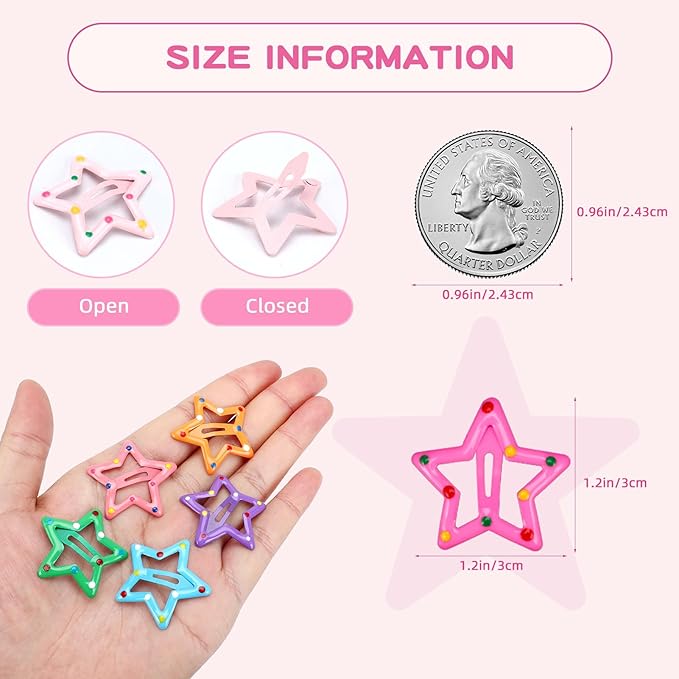 28Pcs Star Hair Clips Y2K Polka Dot Cute Star Hair Clips for Women Snap Metal Stars Barrettes for Long Short Curly Thin Thick Hair Bulk Colorful Kawaii Hair Accessories for Girls Styling Tools