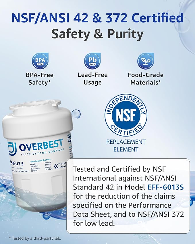 Overbest OB6013 Replacement for GE® MWF®, Smartwater® MWFP, MWFA, GWF, HDX FMG-1, WFC1201, GSE25GSHECSS, Kenmore® 9991, RWF1060 Water Filter, 3 Filters