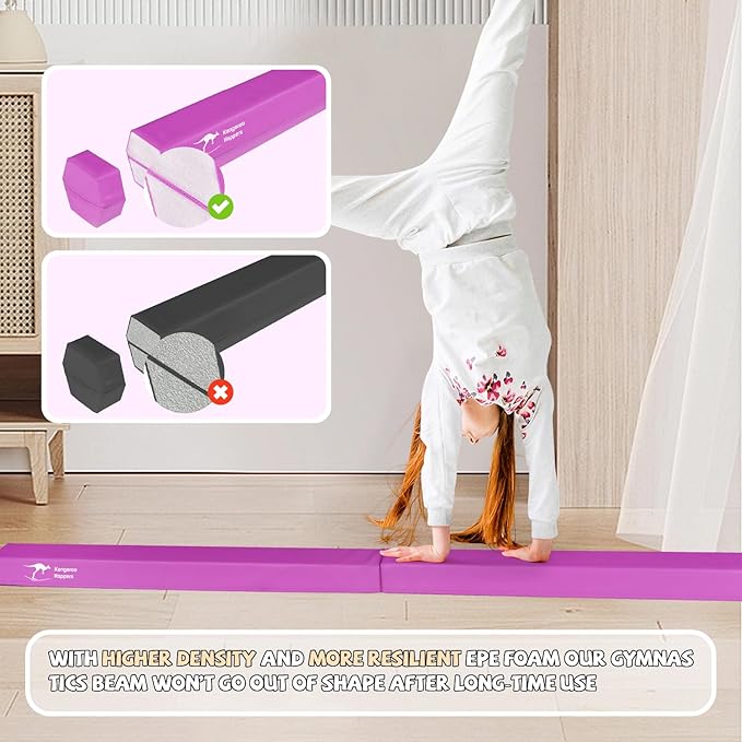 Kangaroo Hoppers Folding & Adjustable Balance Gymnastics Beam for Kids Ages 3-12, Extra Firm Floor Beam for Beginners and Professionals Home Training Equipment with Anti-Slip Foot, 8FT / 40 Inch