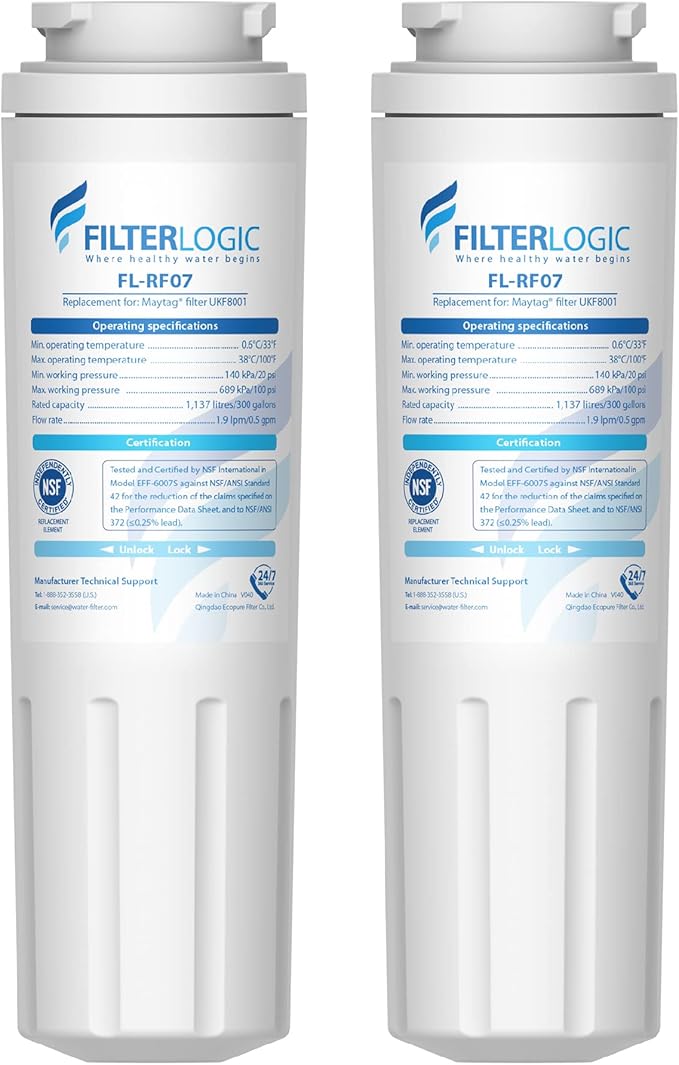 Filterlogic UKF8001 Replacement for Filter 4, Whirlpool EDR4RXD1, Maytag 4396395, UKF8001AXX-200, UKF8001AXX-750, 46-9006, Puriclean II, FMM-2, FL-RF07, Refrigerator Water Filter, Pack of 2