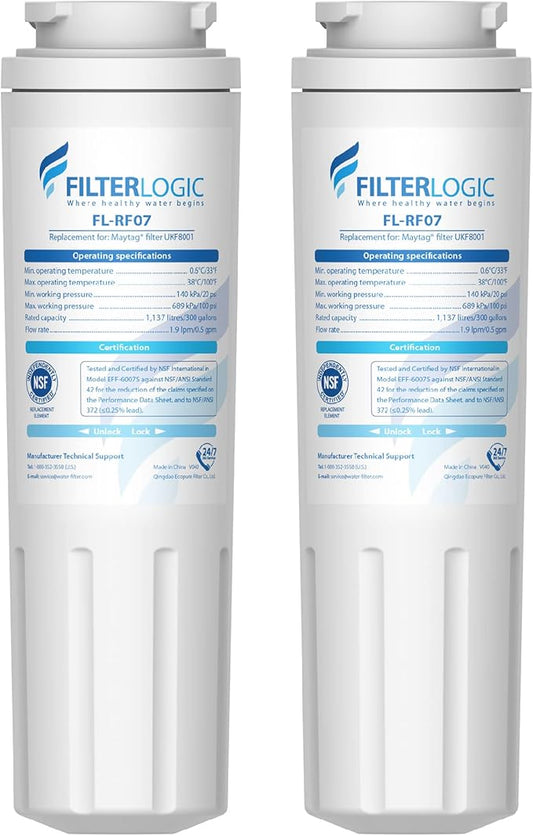 Filterlogic UKF8001 Replacement for Filter 4, Whirlpool EDR4RXD1, Maytag 4396395, UKF8001AXX-200, UKF8001AXX-750, 46-9006, Puriclean II, FMM-2, FL-RF07, Refrigerator Water Filter, Pack of 2