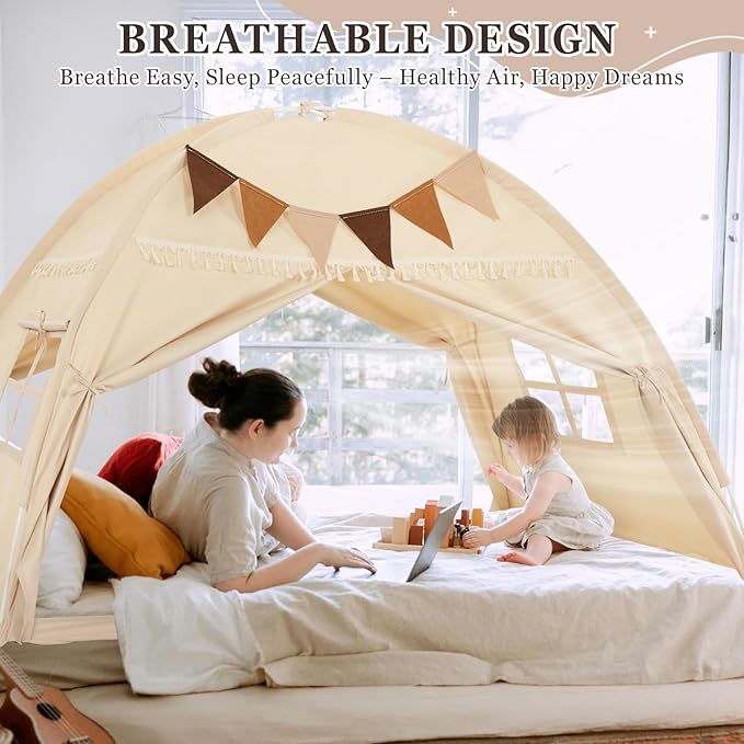 Full Size Bed Tent Canopy, Kids Play Tent with Flags & Star Lights, Canopy on Bed Privacy Space Sleeping Blackout Tents, Indoor Breathable Portable & Foldable, XL-Large Cream Tassels Style