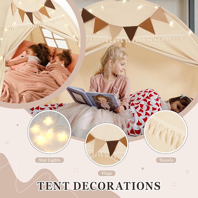 Full Size Bed Tent Canopy, Kids Play Tent with Flags & Star Lights, Canopy on Bed Privacy Space Sleeping Blackout Tents, Indoor Breathable Portable & Foldable, XL-Large Cream Tassels Style