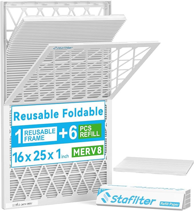 16x25x1 Air Filter MERV 8, 1 Foldable Frame + 6 Refills for Home AC Furnace & HVAC (Actual Size: 15.75"x24.75"x0.75") DUST, Pet, & Allergy