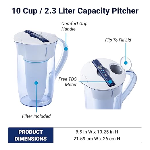 ZeroWater 10-Cup Ready-Pour 5-Stage Water Filter Pitcher 0 TDS & 22-Cup Ready-Read 5-Stage Water Filter Dispenser with Instant Read Out - 0 TDS IAPMO Certified to Reduce Lead, Chromium