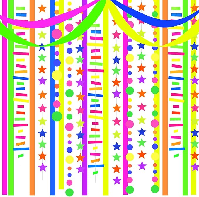 702feet Paper UV Neon Garland Neon Streamers Glow in The Dark Neon Party Supplies and Decorations Glow in The Dark Streamers Blacklight Reactive Fluorescent Black Light Party Kit for Birthday Wedding