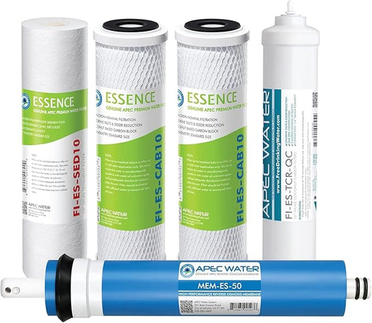 APEC Water Essence Series Complete Replacement Filter Set for ROES-50 Reverse Osmosis System, 5 Stage RO Filter Kit with Sediment Carbon Membrane and Post Carbon Filters, 50 GPD Under Sink RO System