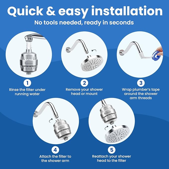 Adamson Shower Filter for Hard Water – 36-Stage Filtered Shower Head, Helps Reduce Chlorine – Supports Healthier Skin & Hair – High Output – Easy Tool-Free Install – Extra Cartridge Included