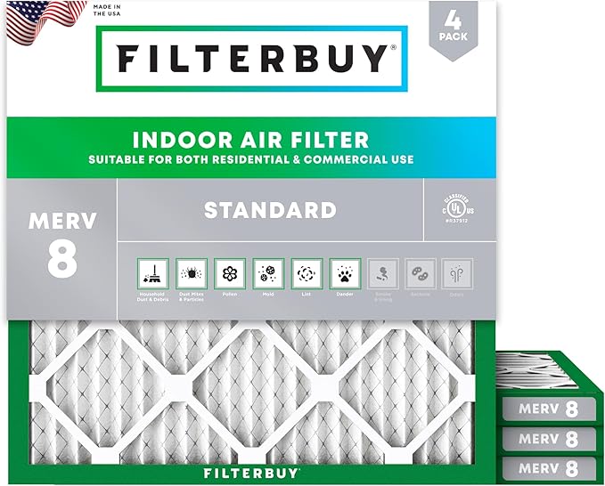 Filterbuy 19x19x1 Air Filter MERV 8 Essential Dust & Allergy Defense (4-Pack), Electrostatic Pleated HVAC AC Furnace Filters Replacement (Actual Size: 19.00 x 19.00 x 0.75)