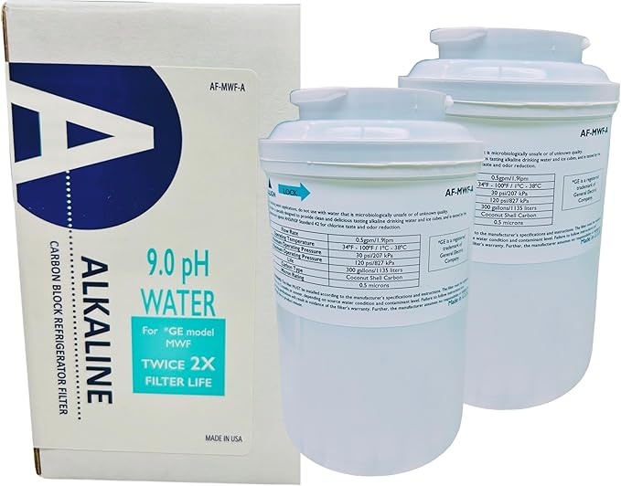 AF-MWF-Alkaline Water Filter Replacement Compatible with GE model MWF, 2X Life (pH level 9.0) Two-Pack