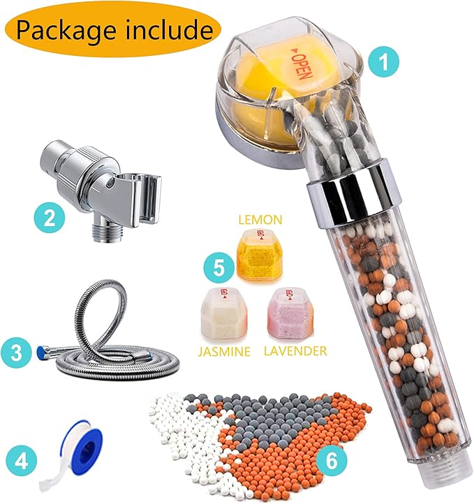Vitamin C Filter Shower Head with Hose & 3 Replacement Balms - Handheld High Pressure Filtered Shower Head - Hard Water Softener with Citrus Smell for Dry Skin, Reduce Residual Impurities in Water