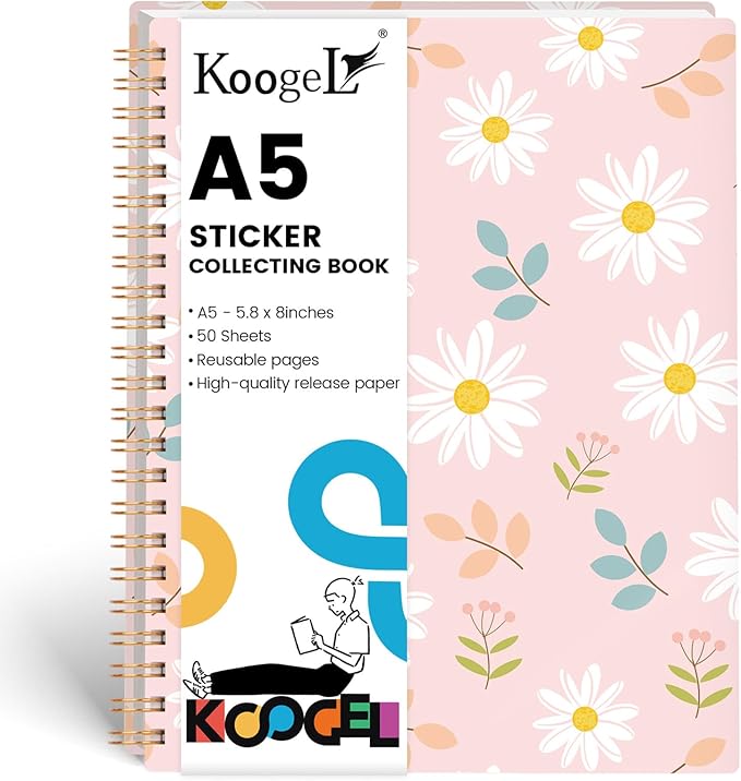 Koogel Sticker Collecting Book, Reusable Sticker Collecting Album Blank Sticker Storage Book 50 Sheets Release Paper for Sticker Keeper Holder A5 (Flower)