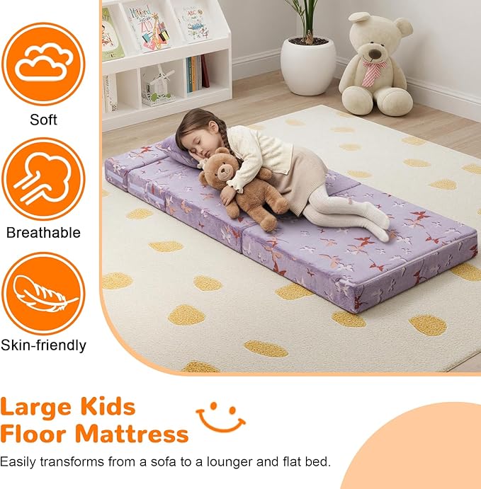 MeMoreCool Foldable Futon Chair Bed for Kids, Glow Tri-fold Sofa Bed Convertible Toddler Sofa Mattress, Foam Floor Couch for Sitting, Purple