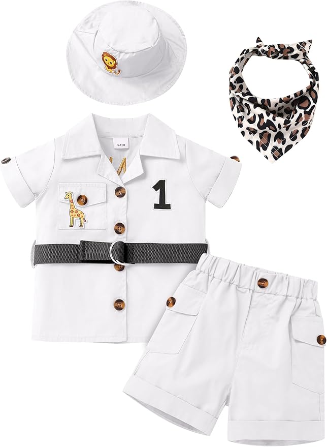 ODASDO Baby Boy Jungle Safari 1st Birthday Cake Smash Outfit Button Down Shirt + Shorts + Hat + Bandana + Belt 5pcs Set