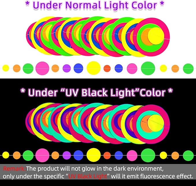 120feet Round Dot UV Neon Garland Hanging Paper Glow in The Dark Neon Glow Party Supplies and Decorations Glow in The Dark Blacklight Reactive Fluorescent Black Light Party Kit for Birthday Wedding