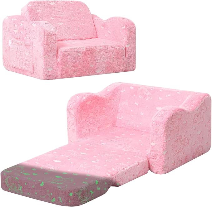 MeMoreCool Glowing Unicorn Kids Chair, 2-in-1 Glow in the Dark Kids Couch Fold Out to Lounger, Comfy Kids Couch for Ages 1-3, Soft Foam Kids Sofa with Washable Cover for Playroom, Girls Boys | Reading, Relaxing