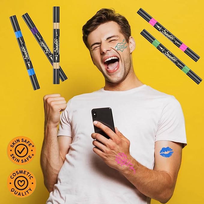 Temporary Tattoo Markers Kit, Dual-End 16 Colors with 80 Stencils for Body Art | Skin-Safe, Washable, Cosmetic-Grade | for Kids & Adults