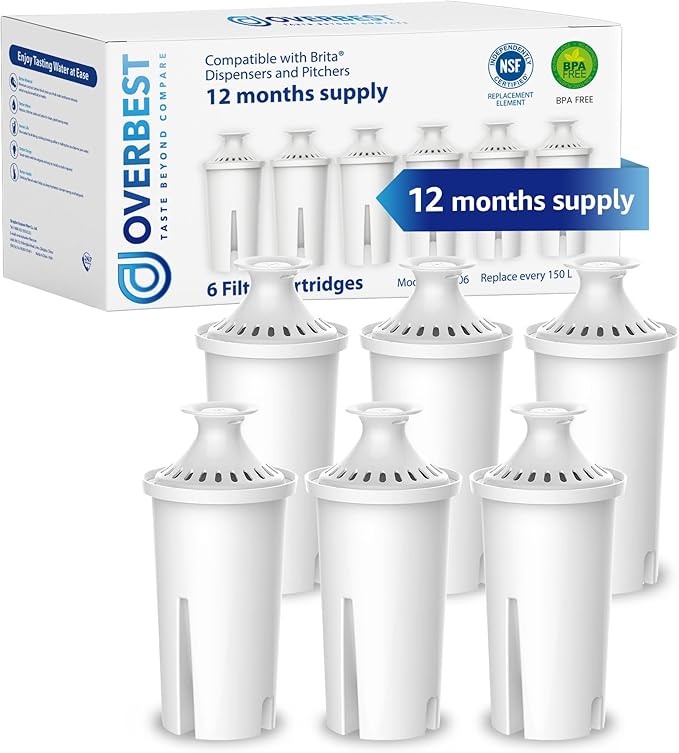 Overbest 7006 Pitcher Water Filter, Replacement for Brita® Filter, Brita® Pitchers and Dispensers, Classic 35557, OB03, Mavea® 107007, and More, NSF Certified, 6 Pack