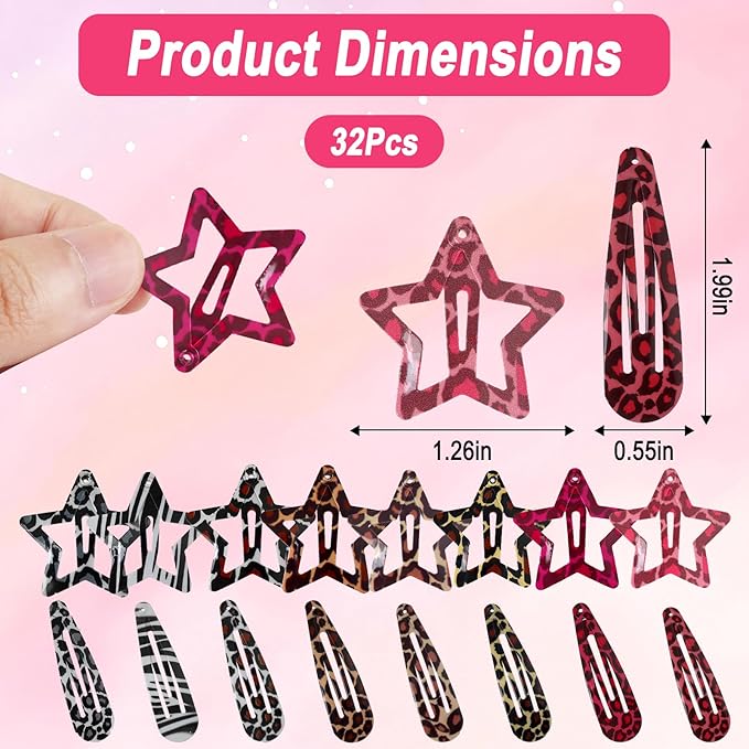 32Pcs Star Hair Clips Y2k Hair Clips Goth Leopard Metal Hair Clip for Thin Thick Curly Long Short Hair Bulk Cute Hair Barrettes Kawaii Snap Hair Pins Y2k Hair Accessories for Women Girls Styling Tools