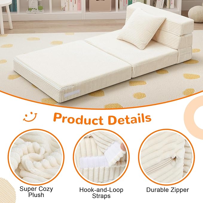 MeMoreCool Folding Sofa for Kids, Corduroy Fold Out Futon Chair, Small Foldable Floor Mattress, Portable Children Couch Sofa, Beige