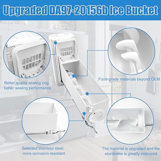 Upgraded DA97-20156B Refrigerator Ice Bucket Compatible with Samsung Refrigerator Ice Container Assembly RF28R7351SG, RF28R7201SG, RF27T5241SG, etc, Ice Maker Ice Bin, One Year Warranty