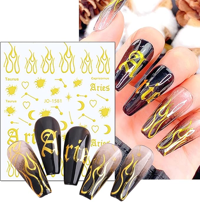 Gold Nail Art Stickers, 3D Self-Adhesive Decals - Wave Line Chains Flame Stars Flowers Leaf Sticker for Women Manicure Charms Decorations DIY Glitter Transfer Tips