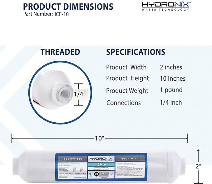 Hydronix 5 Pack ICF-10 Reverse Osmosis Post Polishing, Fridge & Ice Inline Coconut GAC Water Filter, 2000 Gal 1/4" NPT