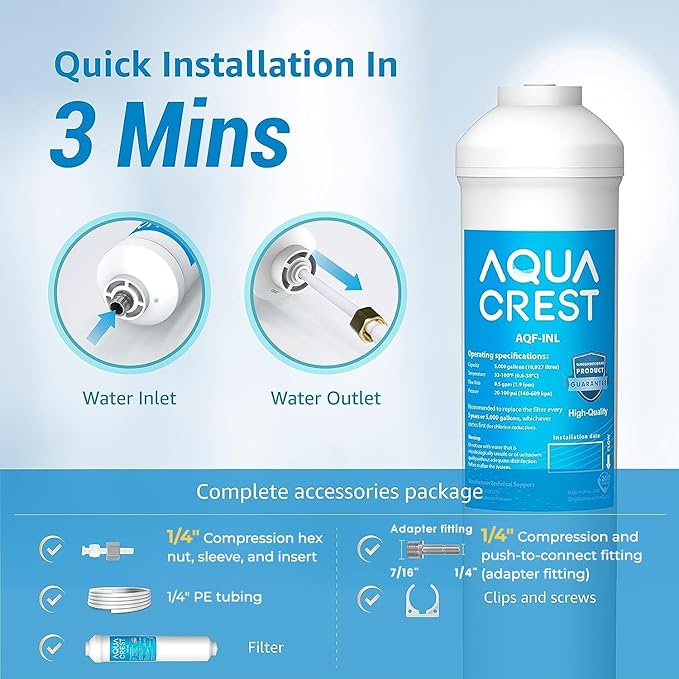 AQUA CREST INL 5 Years Inline Water Filter for Ice Maker with 1/4-Inch Direct Connect Fittings, Idea for Ice Maker, Refrigerator, RV, Inline Refrigerator Water Filter Reduces Chlorine, Taste& Odor