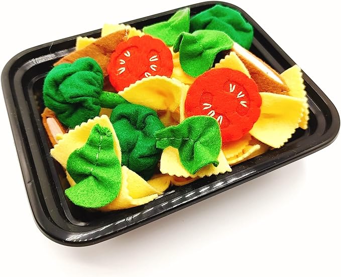Pasta with broccoli, farfalle, bow tie pasta, felt play food for kids kitchen, pretend play for kids (beige, set 1 (farfalle, broccoli, chicken, tomatoes, basil))