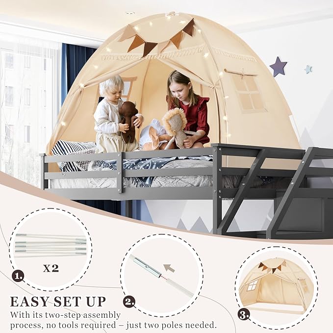 Full Size Bed Tent Canopy, Kids Play Tent with Flags & Star Lights, Canopy on Bed Privacy Space Sleeping Blackout Tents, Indoor Breathable Portable & Foldable, XL-Large Cream Tassels Style