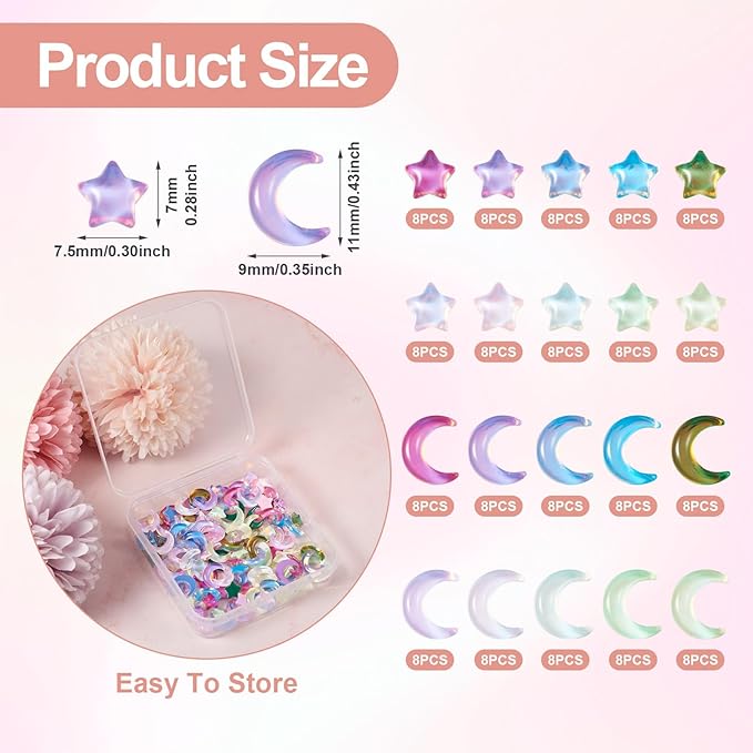 160Pcs Moon Star Nail Charms Crystals Star Moon Nail Gems Crescent Moon Glass Flatback Cabochons Nail Rhinestones 3D Nail Art Jewelry for Manicure Phone Case Mirror Decoration