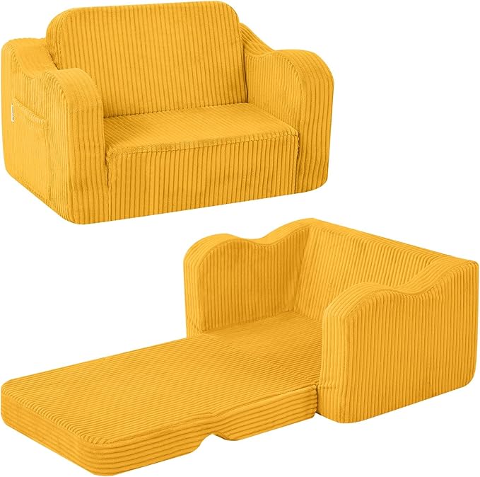 MeMoreCool Toddler Couch, 2-in-1 Corduroy Kids Couch Fold Out to Lounger, Comfy Toddler Chair for 1-3 Year Old, Soft Foam Kids Sofa with Washable Cover for Playroom and Bedroom, Mustard Yellow