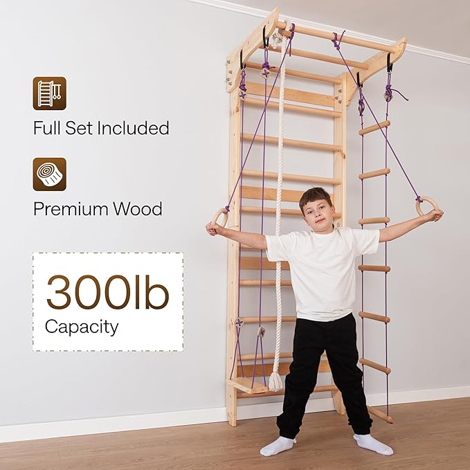 WEDANTA Wooden Swedish Ladder Wall Set – Kids Stall Bars for Exercise – Kids Swedish Gymnastic Wall Gym – Wood Stall Bar Gymnastics Playground – Best Gym for All Family