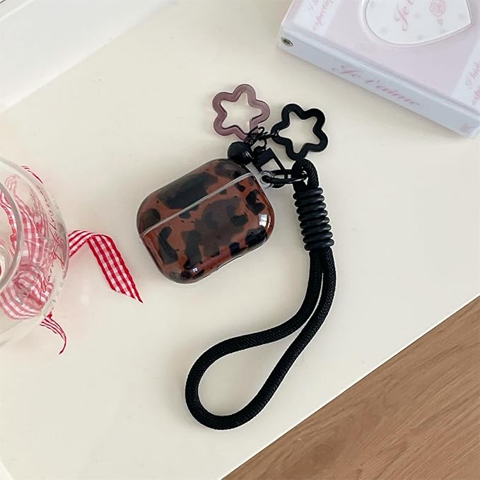 Dark Brown Leopard Print Silicone Case for AirPods Pro 3 (2025) - Cute Shockproof Cover with Detachable Long Neck Lanyard, Travel Keychain, MagSafe Compatible, Unisex for Women & Men